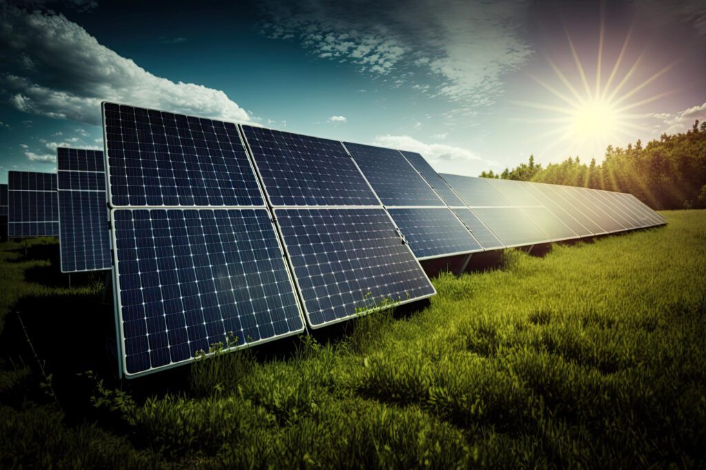 Photovoltaic solar power panel in the field green clean Alternative power energy concept